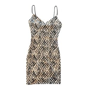 Olive Tree Geometric Diamond Bodycon Mini Dress Beige Black Metallic Spaghetti